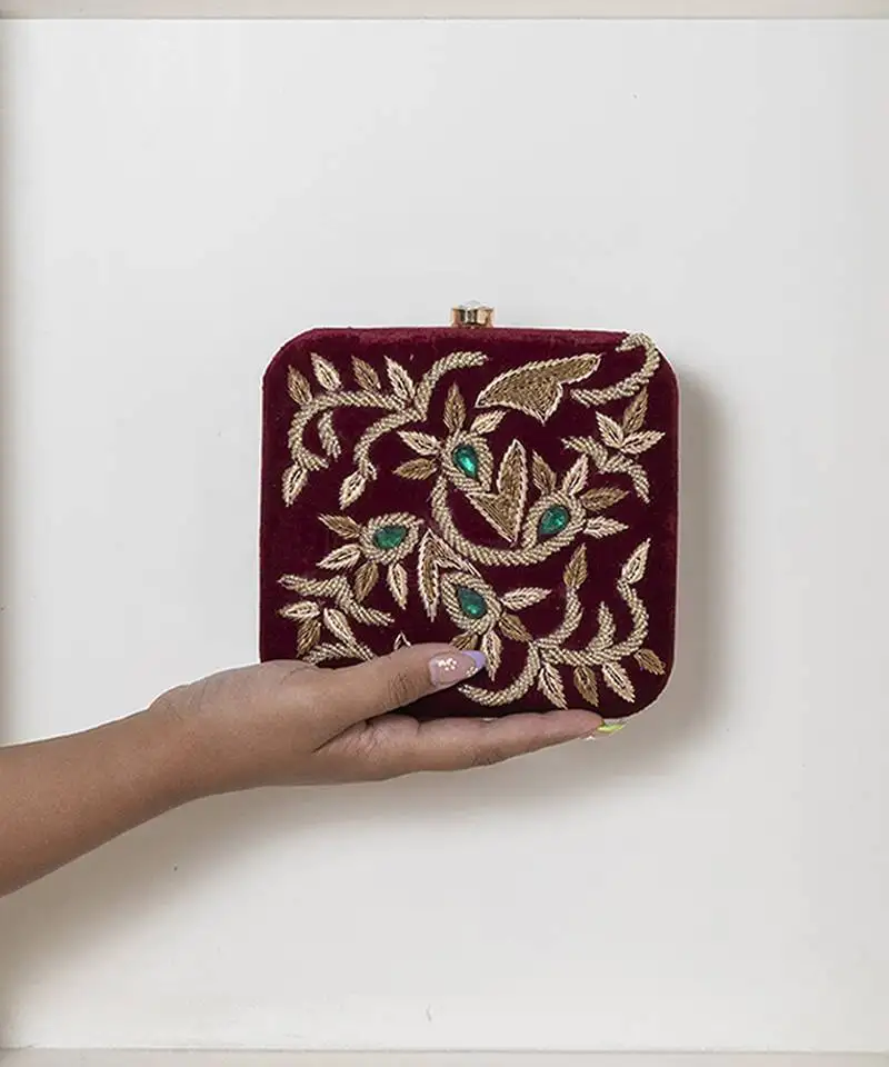 Red velvet sqaure hand embroidered clutch