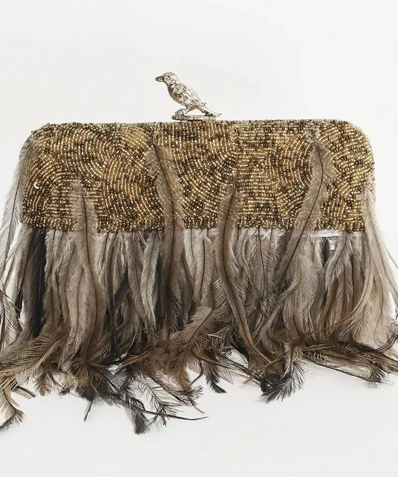 Gold silk feather hand embroidered clutch