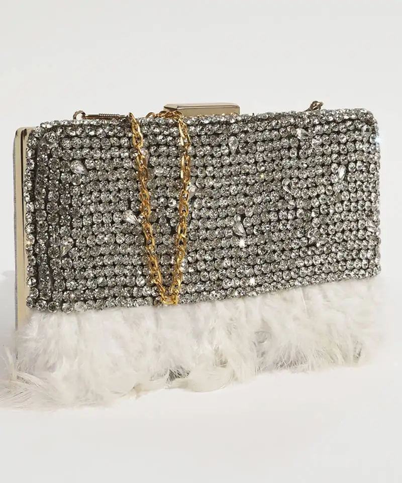 White silk feather hand embroidered clutch