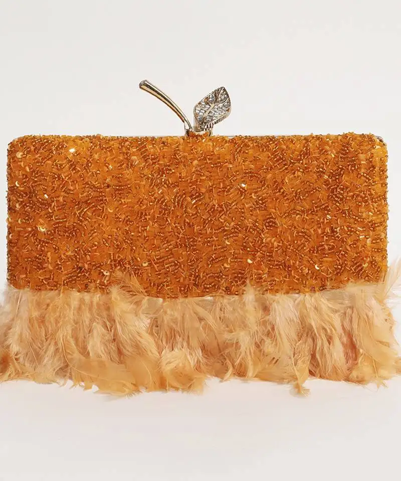 Orange silk feather hand embroidered clutch