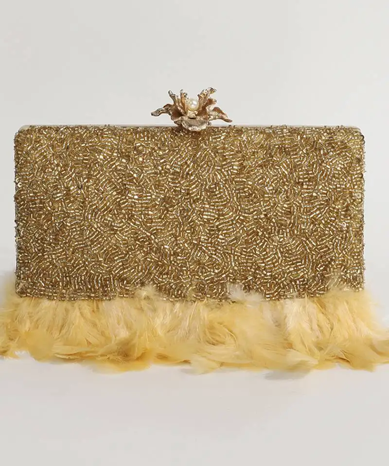 Hand embroidered gold silk feather clutch