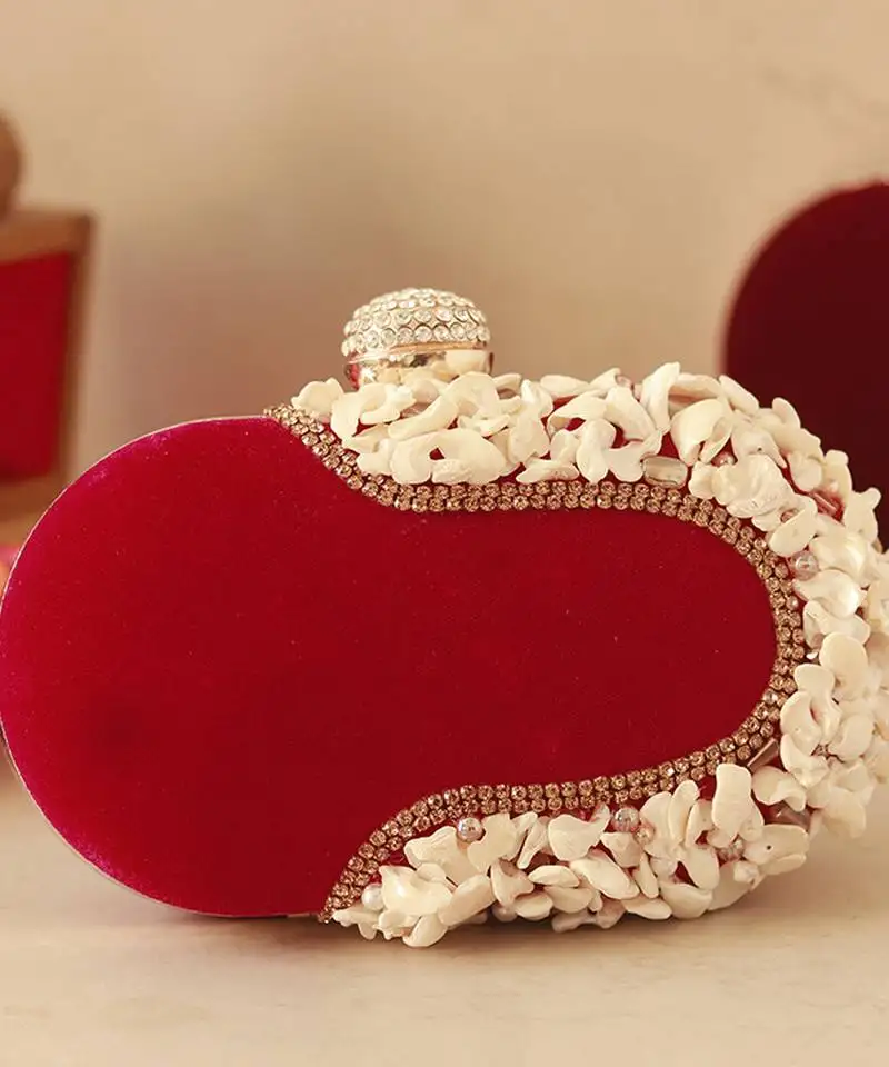 Red velvet sea shells hand embroidered clutch