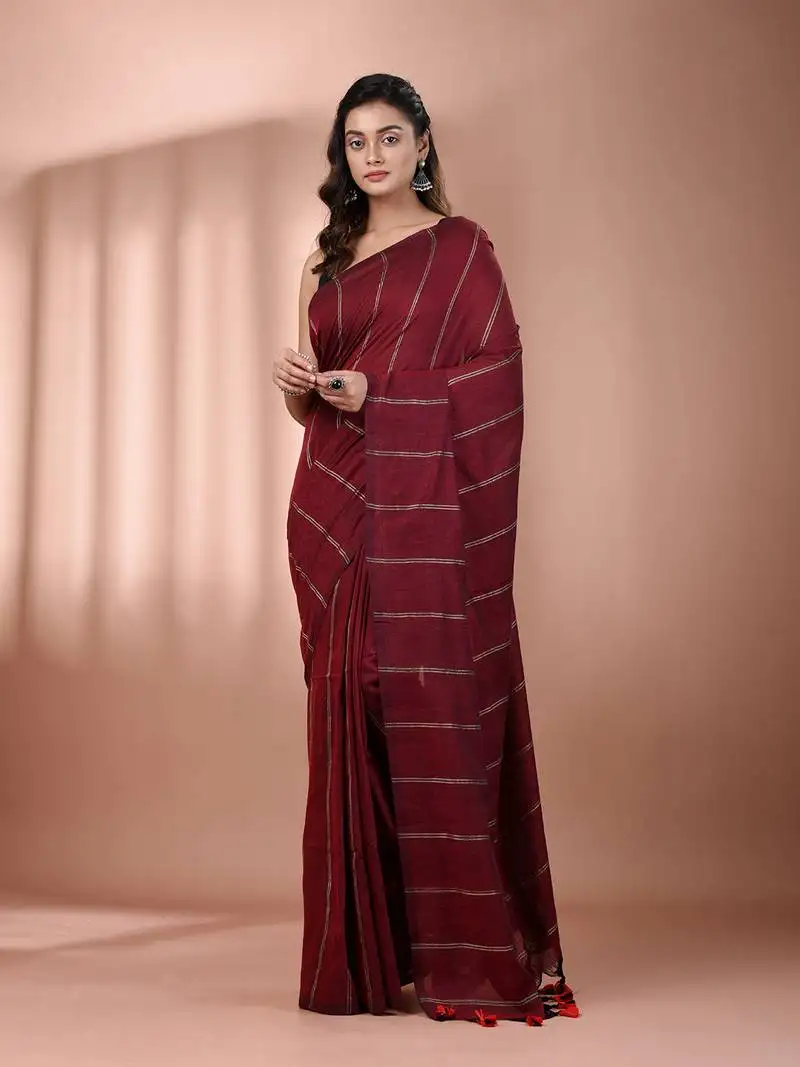 Dark red cotton handspun soft saree with stripe pattern