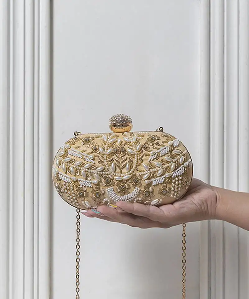 Gold silk zarozi hand embroidered clutch