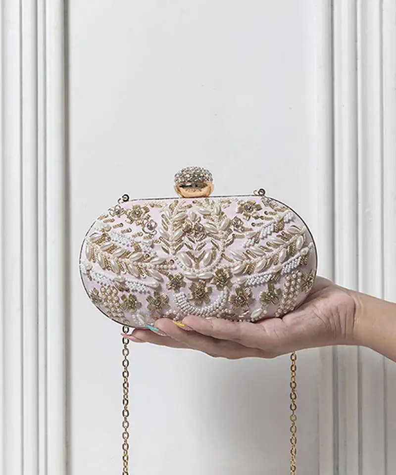 Pink silk zarozi hand embroidered clutch