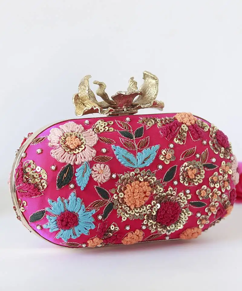 Pink silk resham hand embroidered clutch