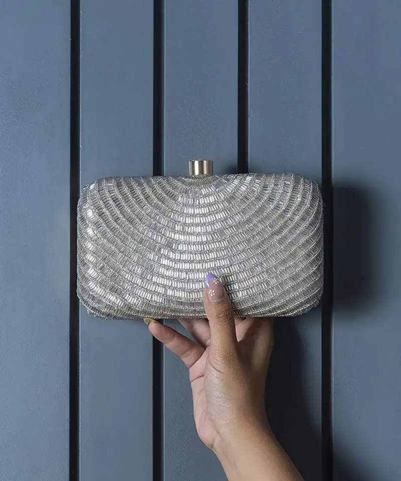 Silver silk hand embroidered party clutch