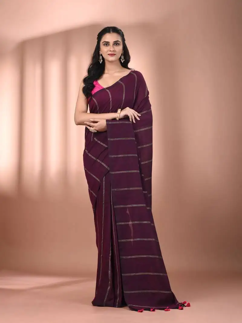 Burgundy cotton handspun soft saree with stripe pattern