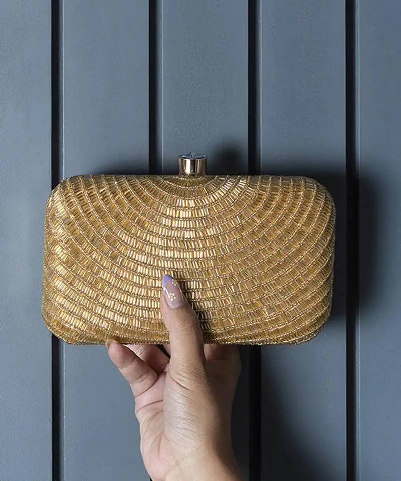 Gold silk hand embroidered party clutch