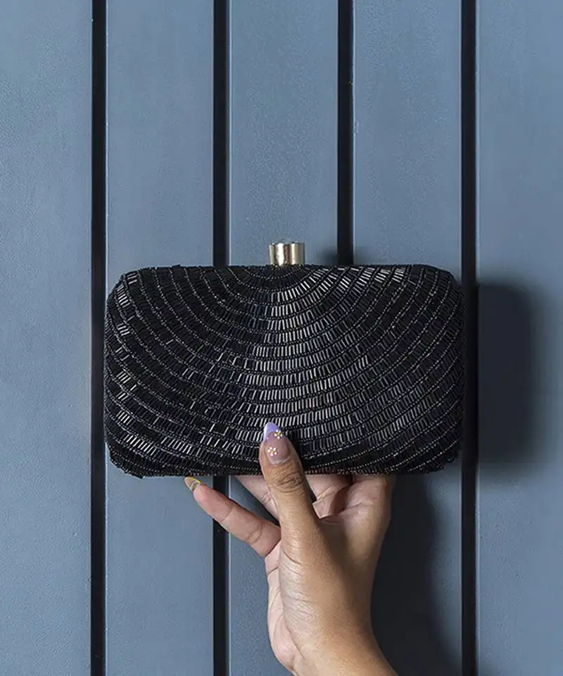 Black silk hand embroidered party clutch