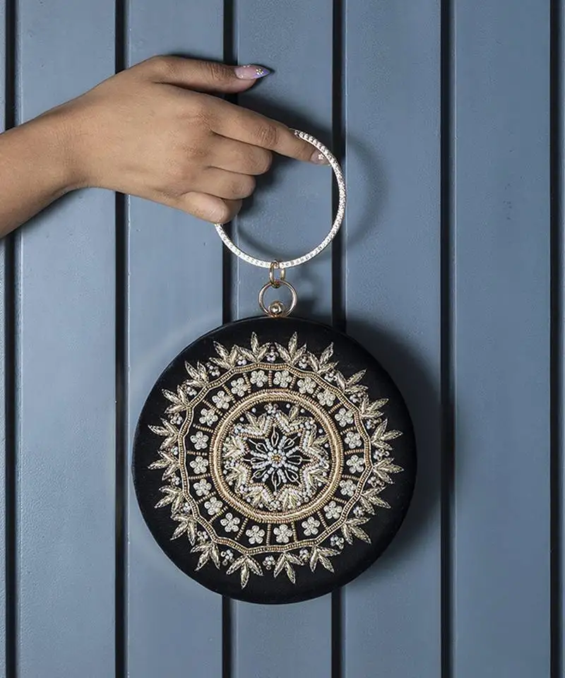 Hand embroidered black silk clutch