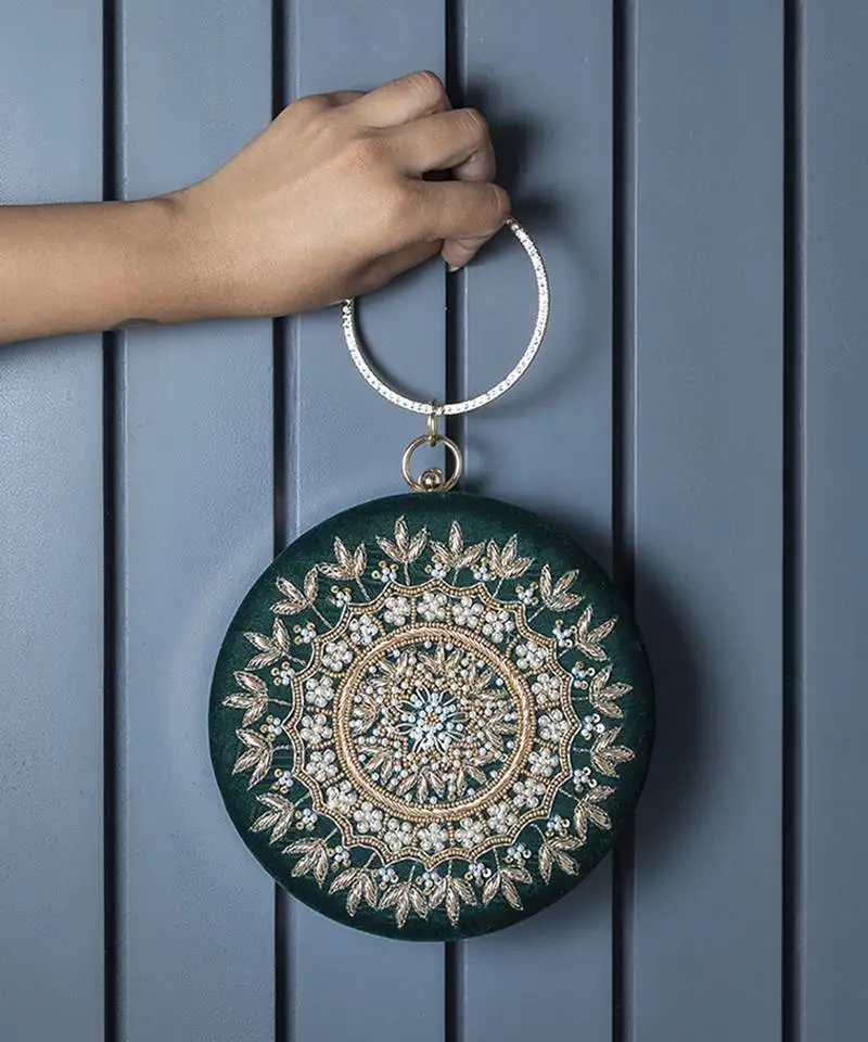 Green silk hand embroidered clutch