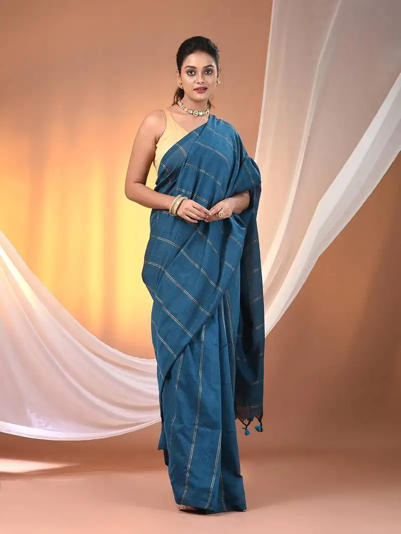Sapphire blue cotton handspun soft saree with stripe pattern