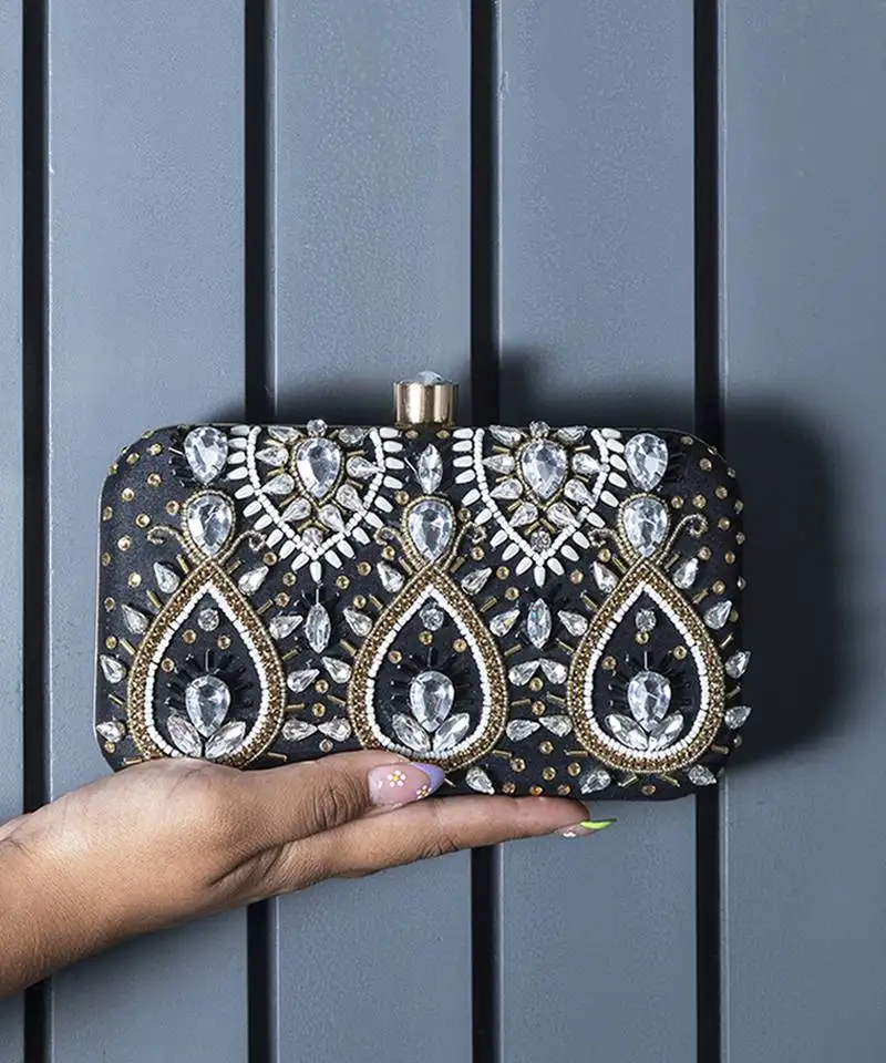 Black silk hand embroidered clutch