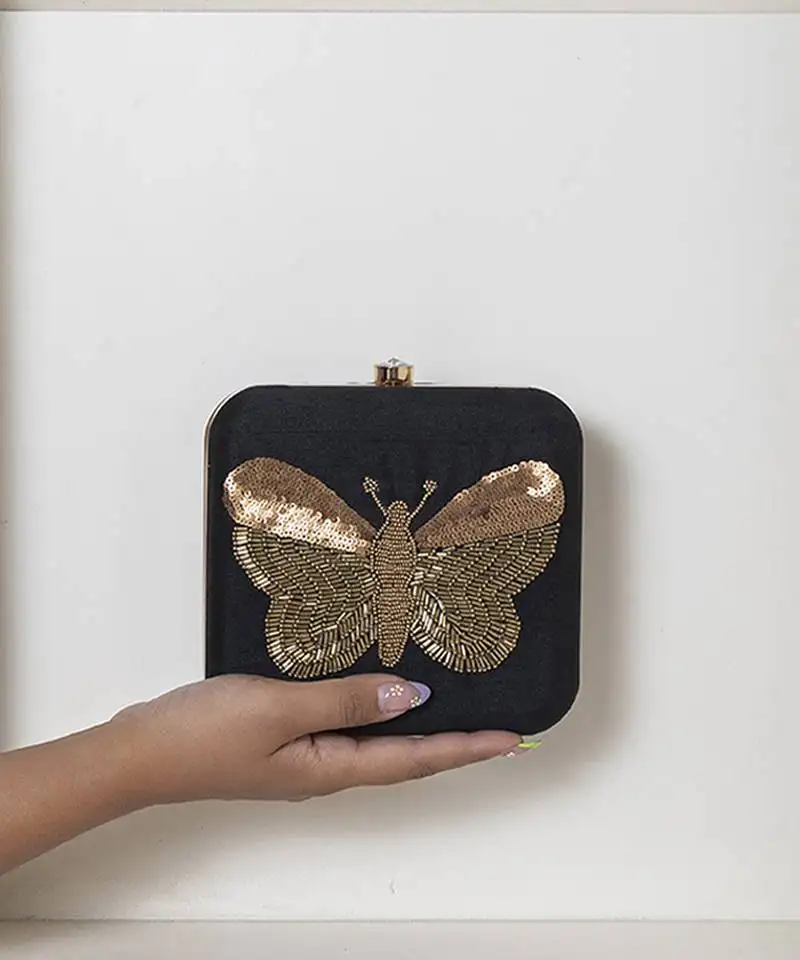Black silk square hand embroidered butterfly clutch