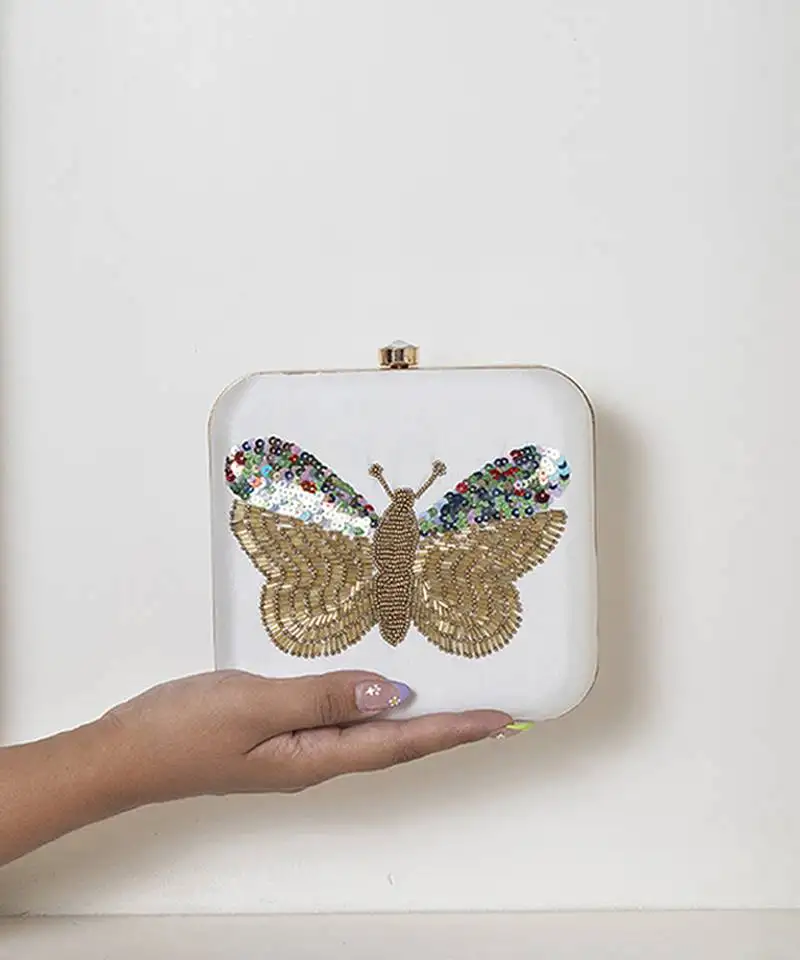 White silk square hand embroidered butterfly clutch