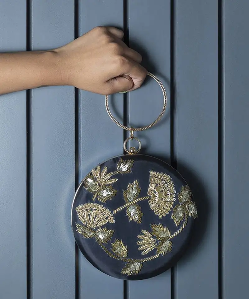 Black silk clutch with hand embroidery work