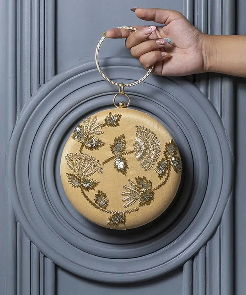 Gold silk hand embroidered clutch