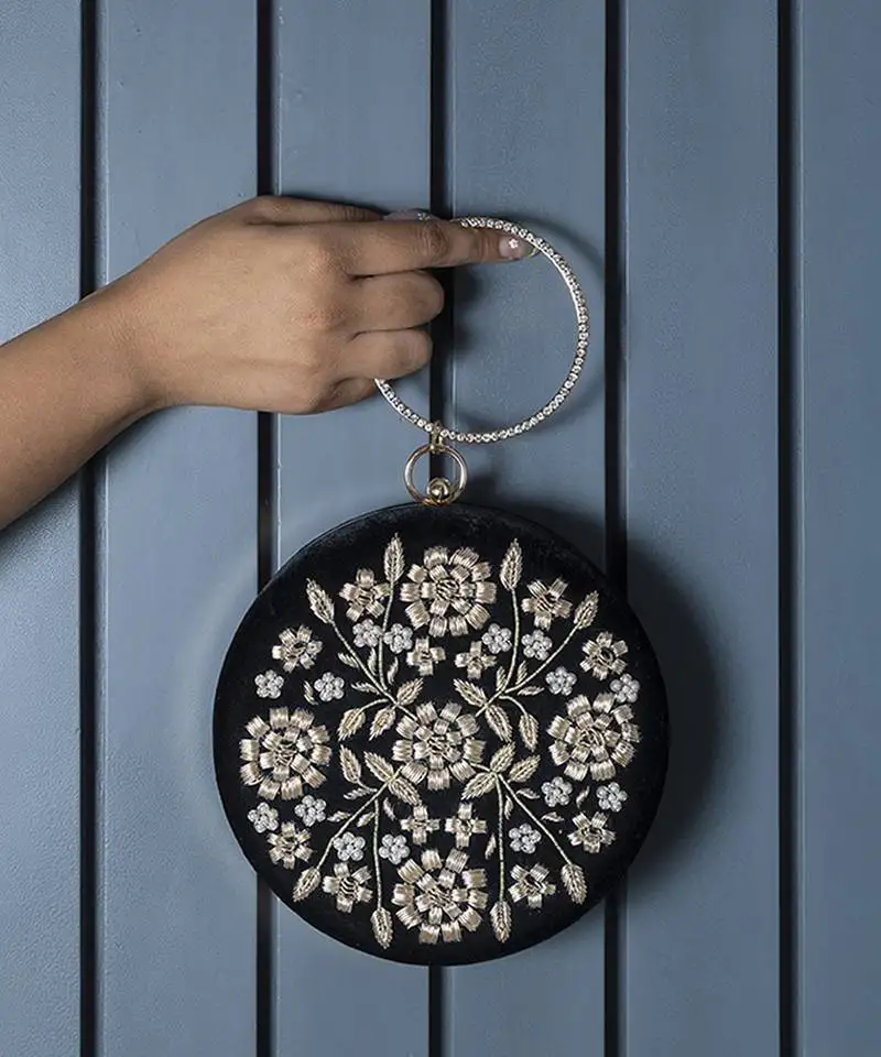 Black hand embroidered silk clutch