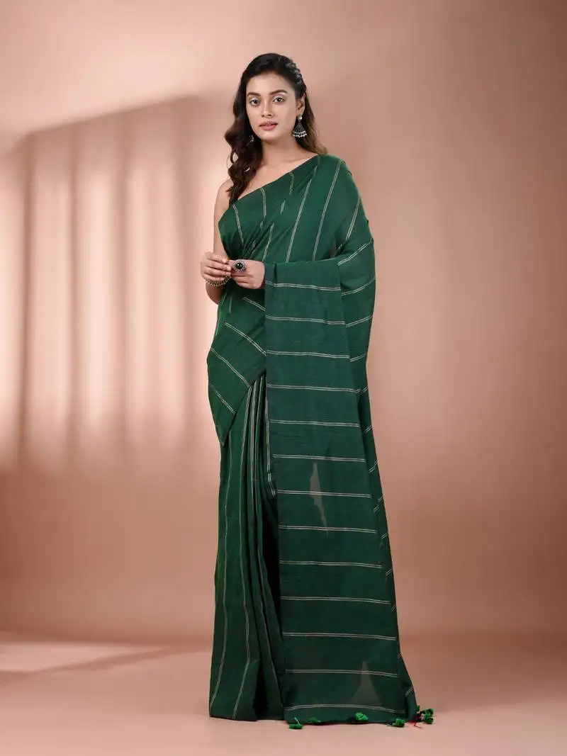 Green cotton handspun soft saree with stripe pattern
