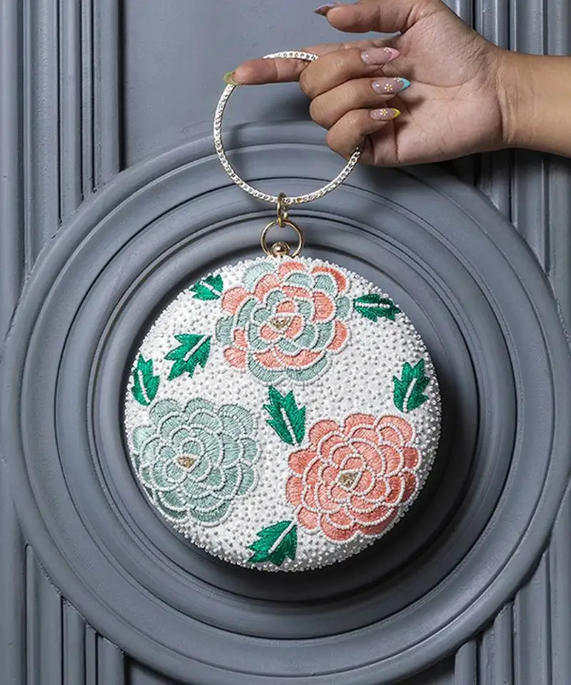 White silk round floral hand embroidered clutch