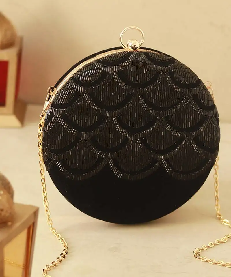 Black silk hand embroidered round clutch