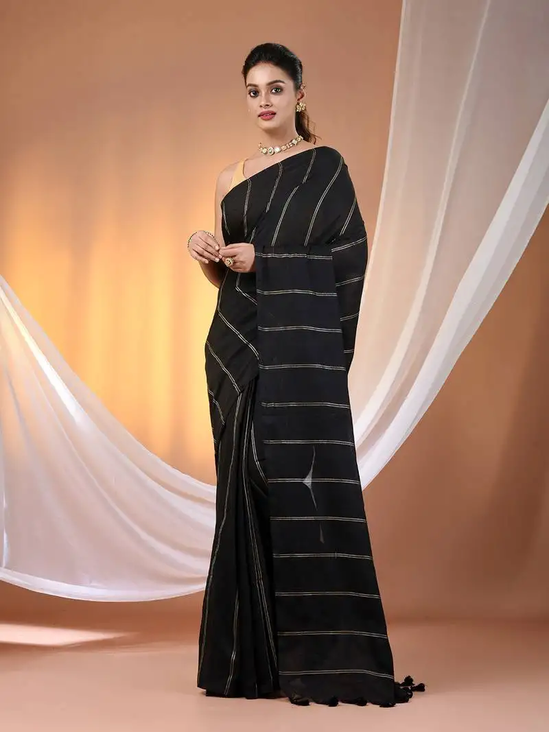 Black cotton handspun soft saree with stripe pattern