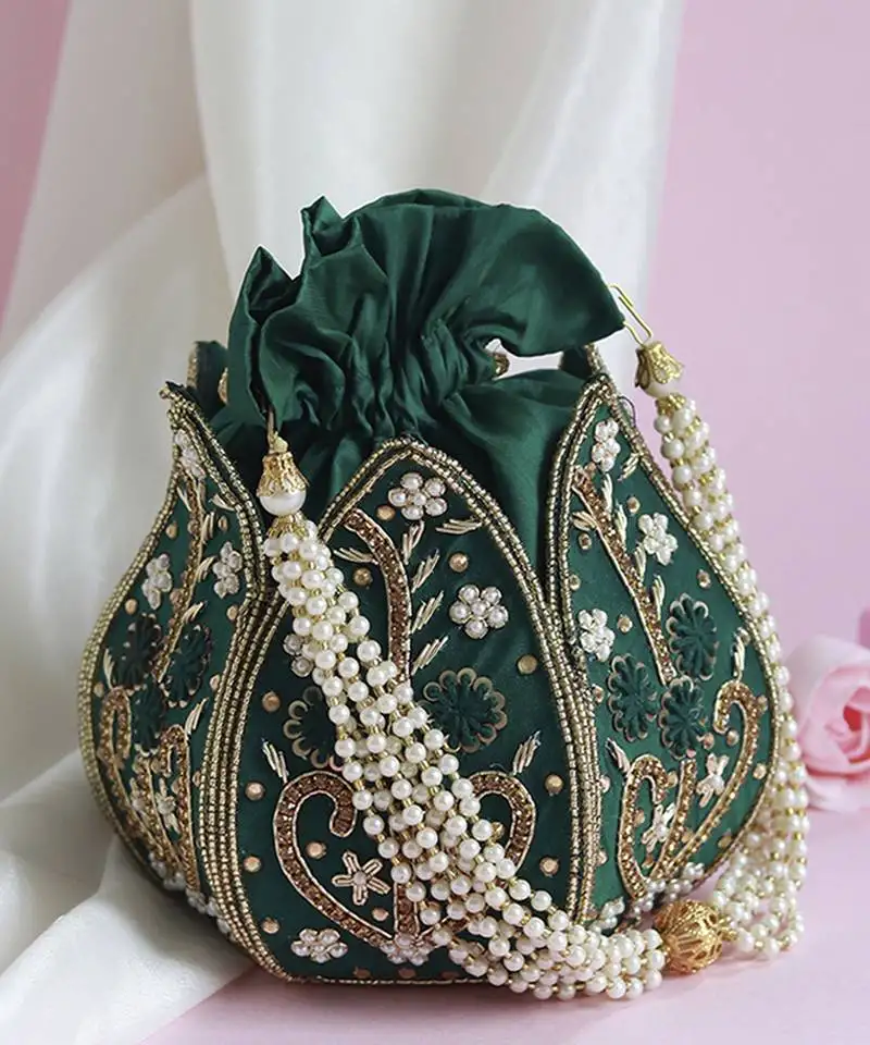Green silk hand embroidered mini lotus potli