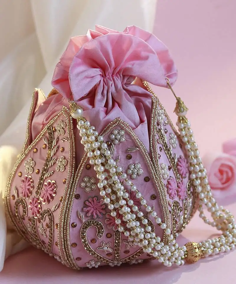 Pink silk hand embroidered mini lotus potli