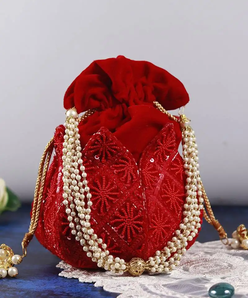 Red velvet hand embroidered lotus potli