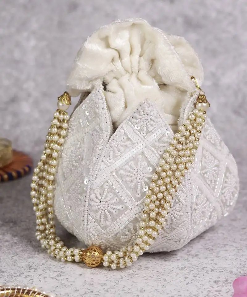 White velvet hand embroidered lotus potli