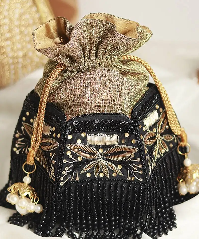 Black silk hand embroidered half lotus potli