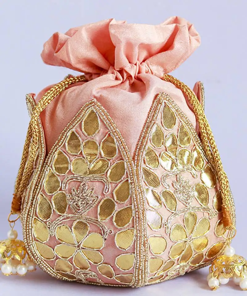 Pink silk gotapatti handwork mini lotus potli