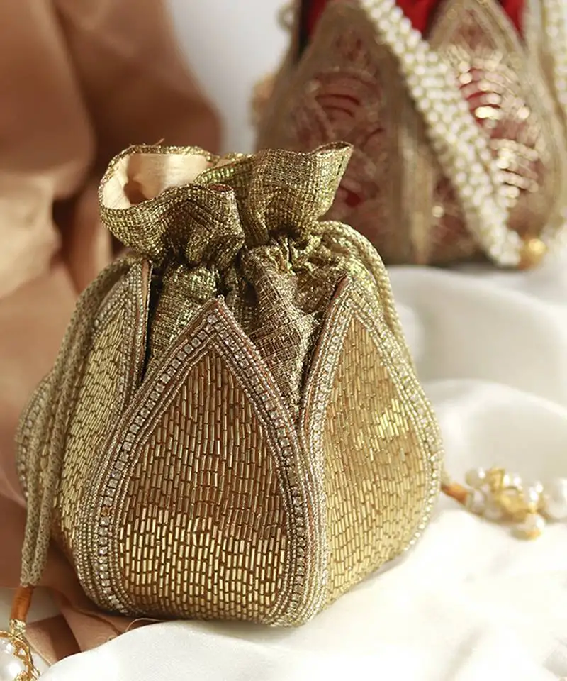 Gold silk embroidered mini lotus potli