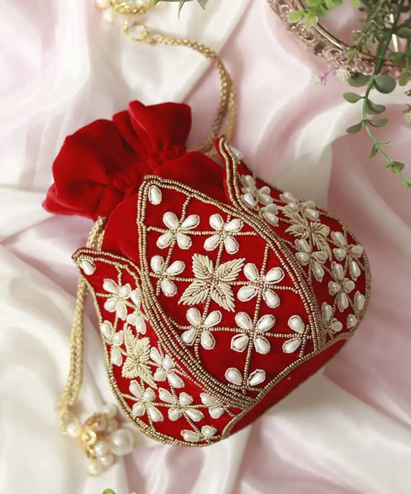 Red velvet embroidered mini lotus potli