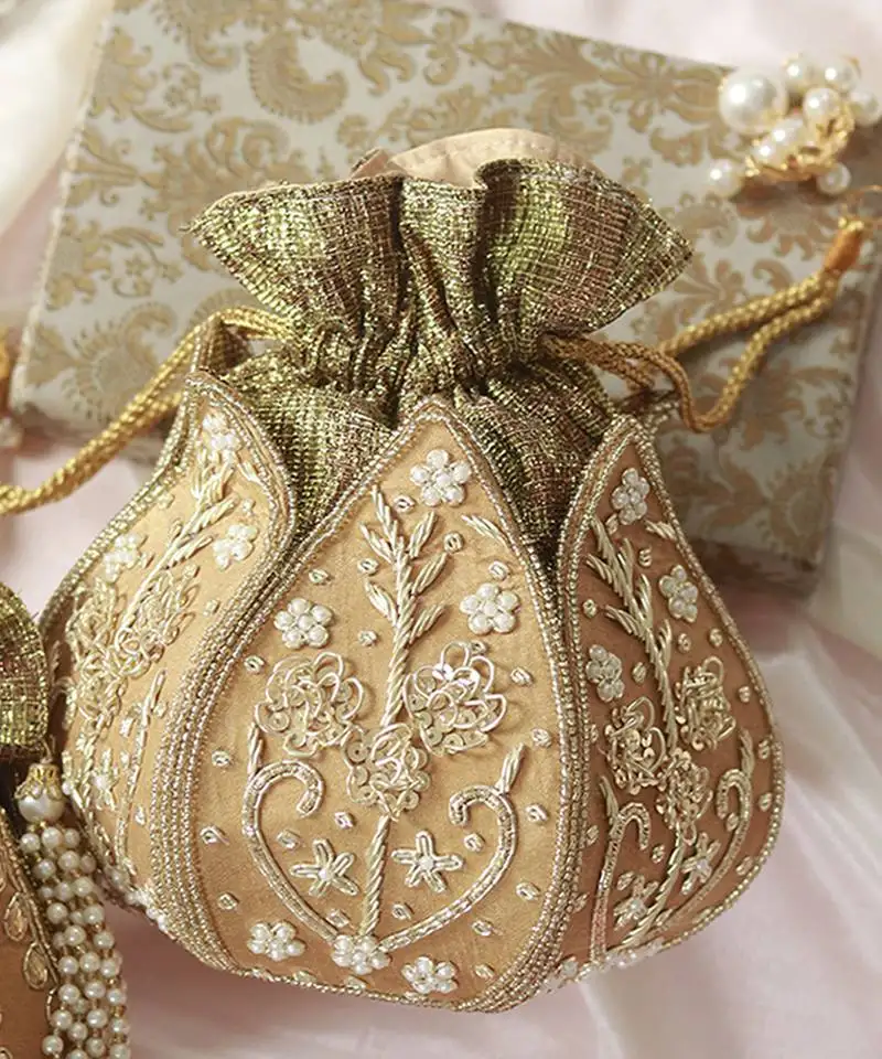 Gold silk zardozi embroidered mini lotus potli
