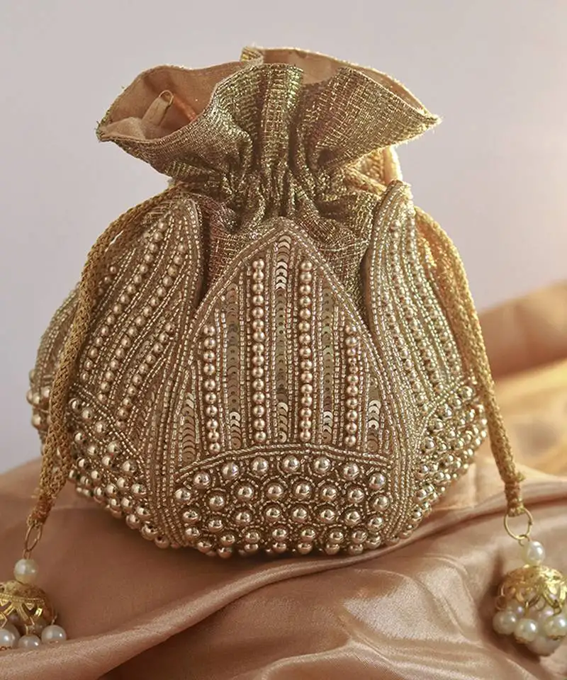 Gold silk hand embroidered mini lotus potli