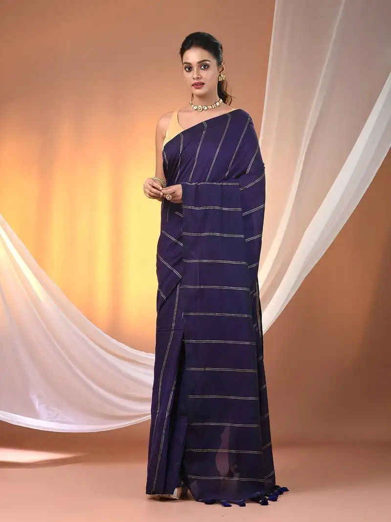 Purple cotton handspun soft saree with stripe pattern