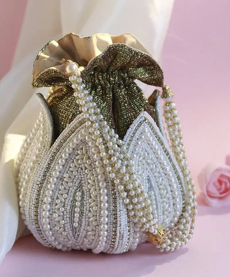 White silk embroidered mini lotus potli