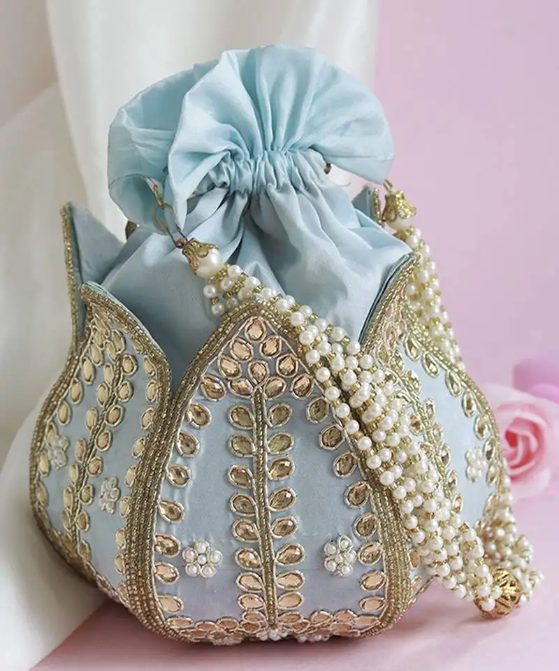 Blue silk kundan handwork mini lotus potli