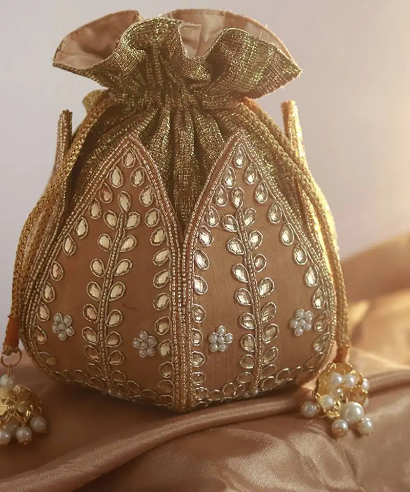 Gold silk kundan handwork mini lotus potli