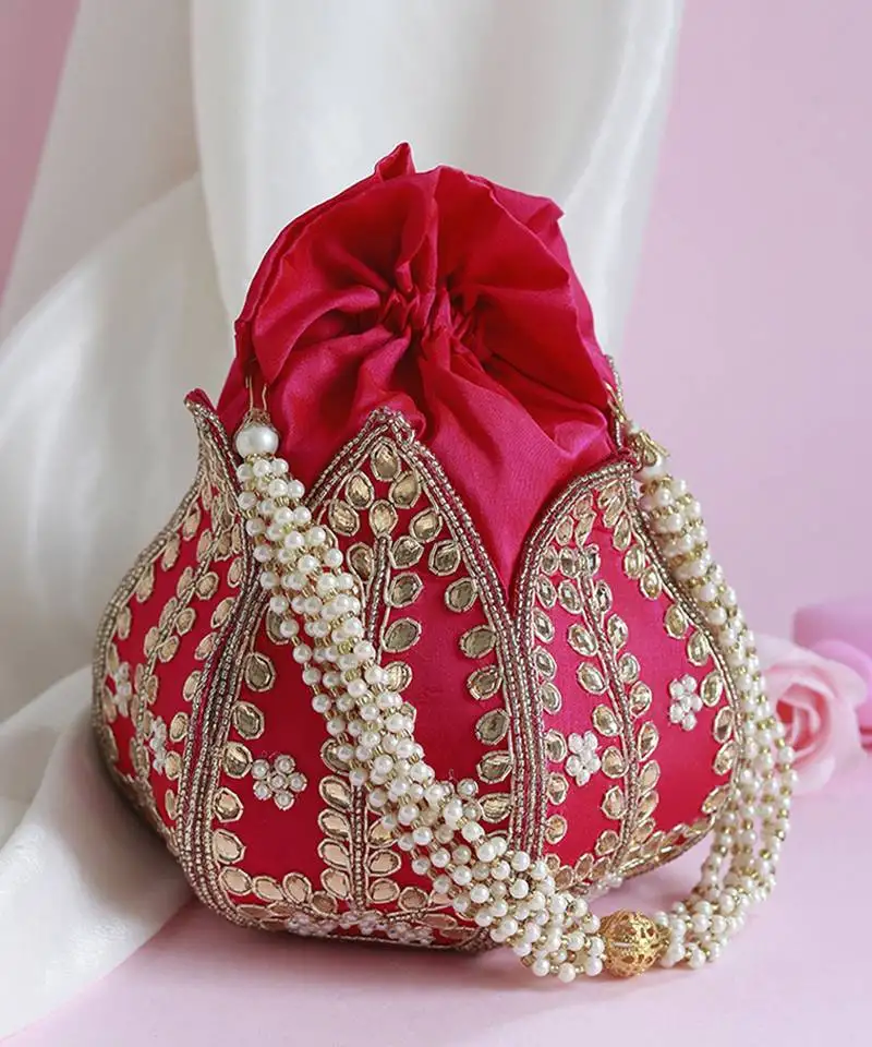 Pink silk kundan handwork mini lotus potli