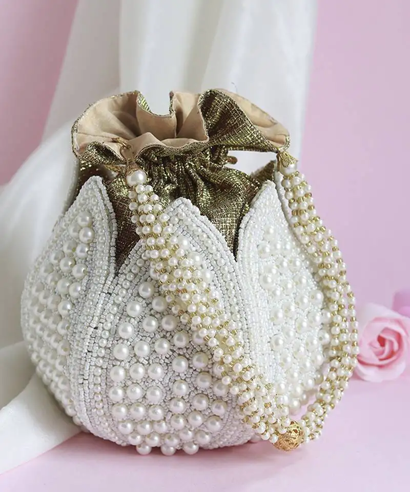 White silk pearl embroidered mini lotus potli