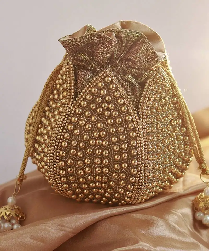 Gold silk moti embroidered mini lotus potli