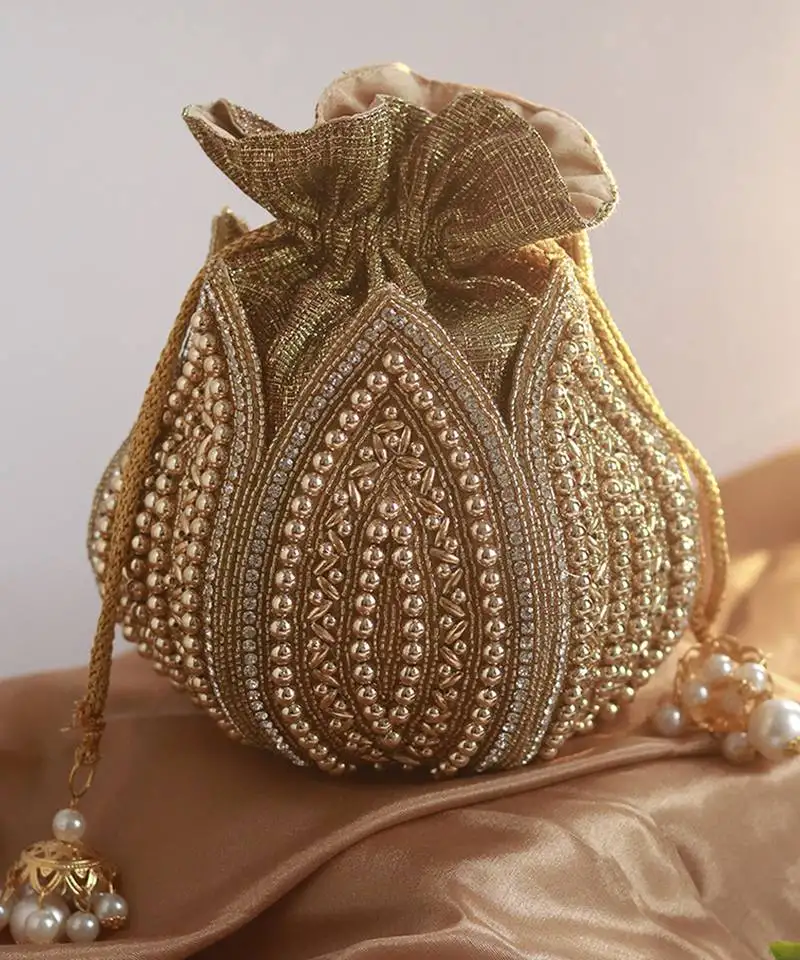 Gold hand embroidered silk lotus potli
