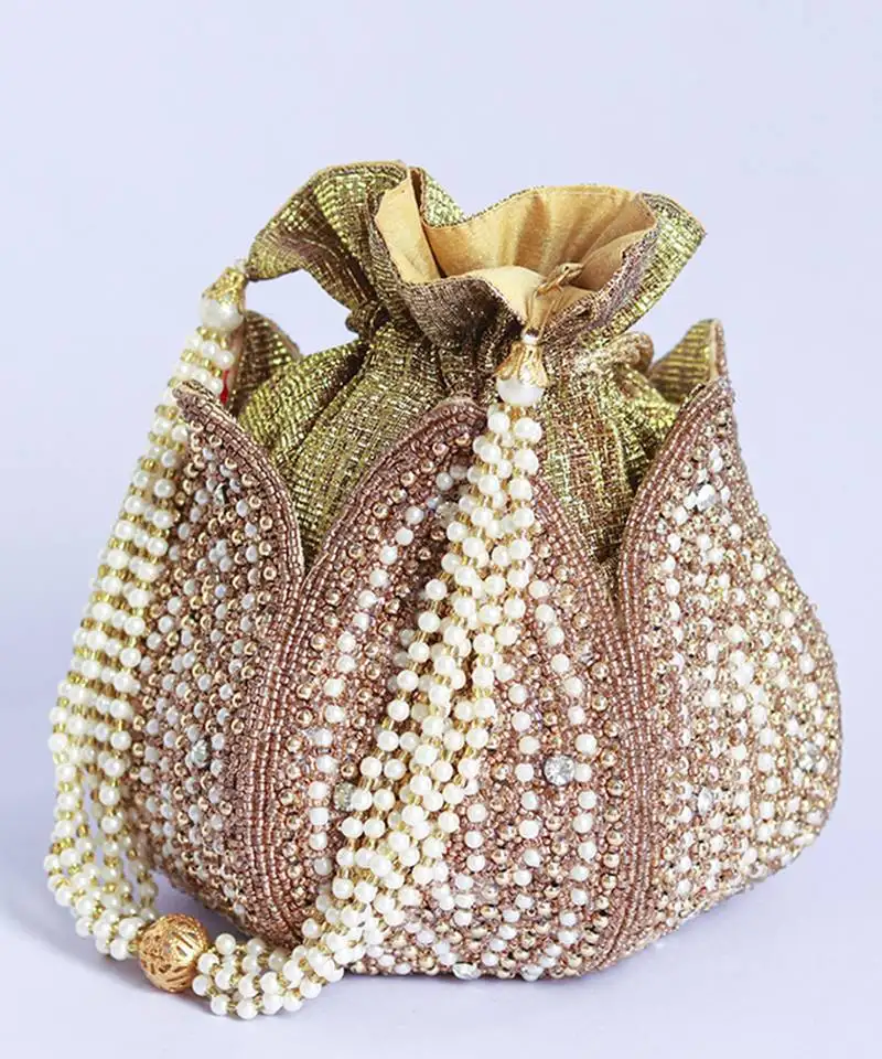 Gold hand embroidered silk mini lotus potli