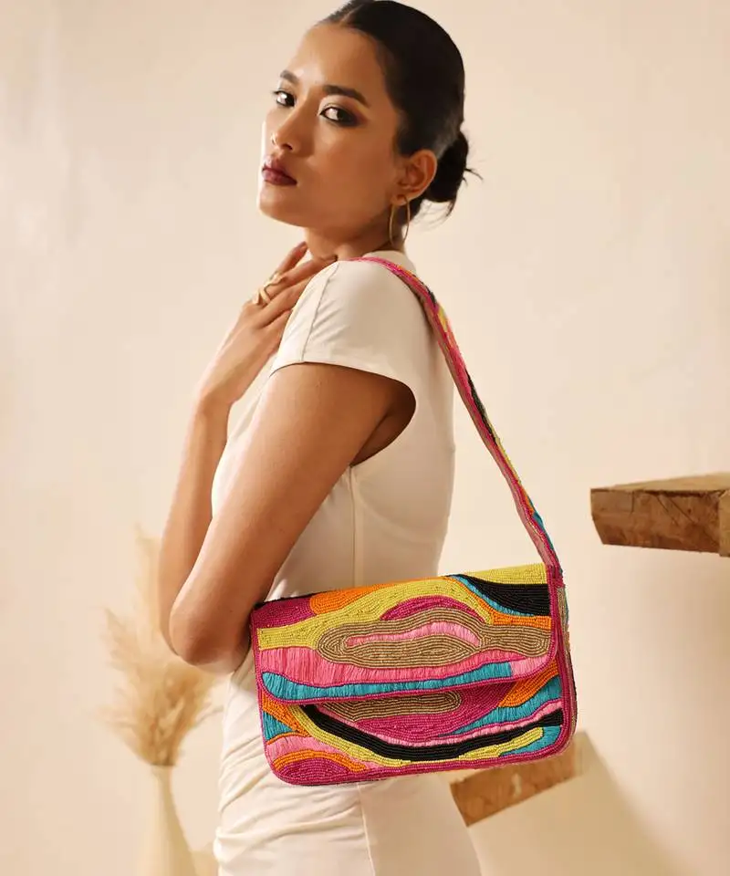 Mulitcolor suede baguette bag with handle