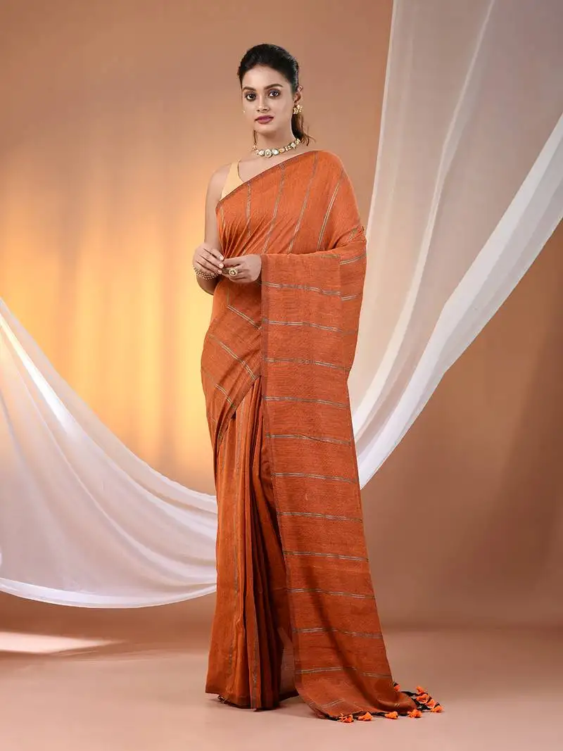 Orange cotton handspun soft saree with stripe pattern