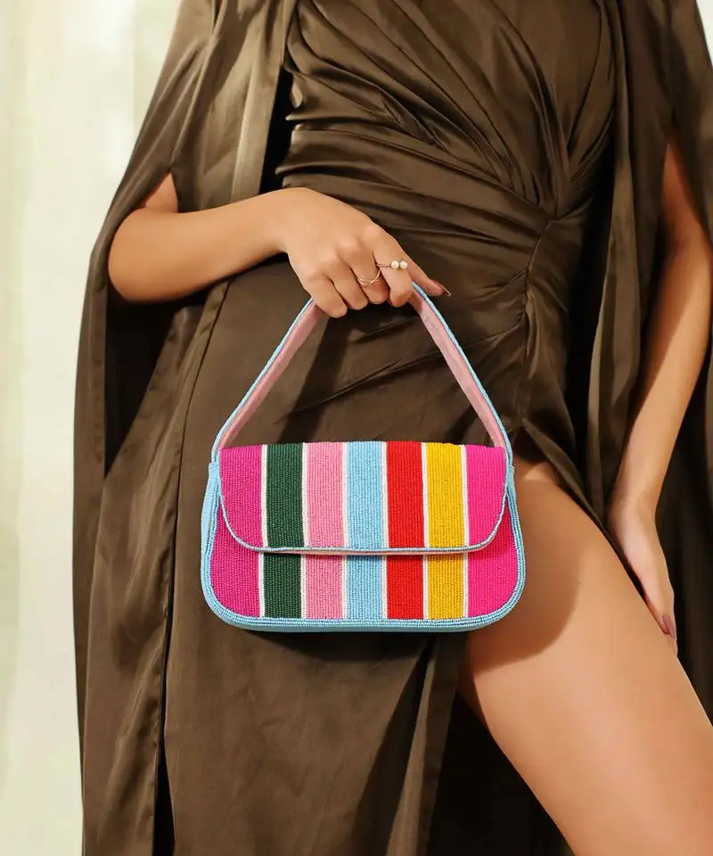 Multicolor stripesuede baguette bag with handle