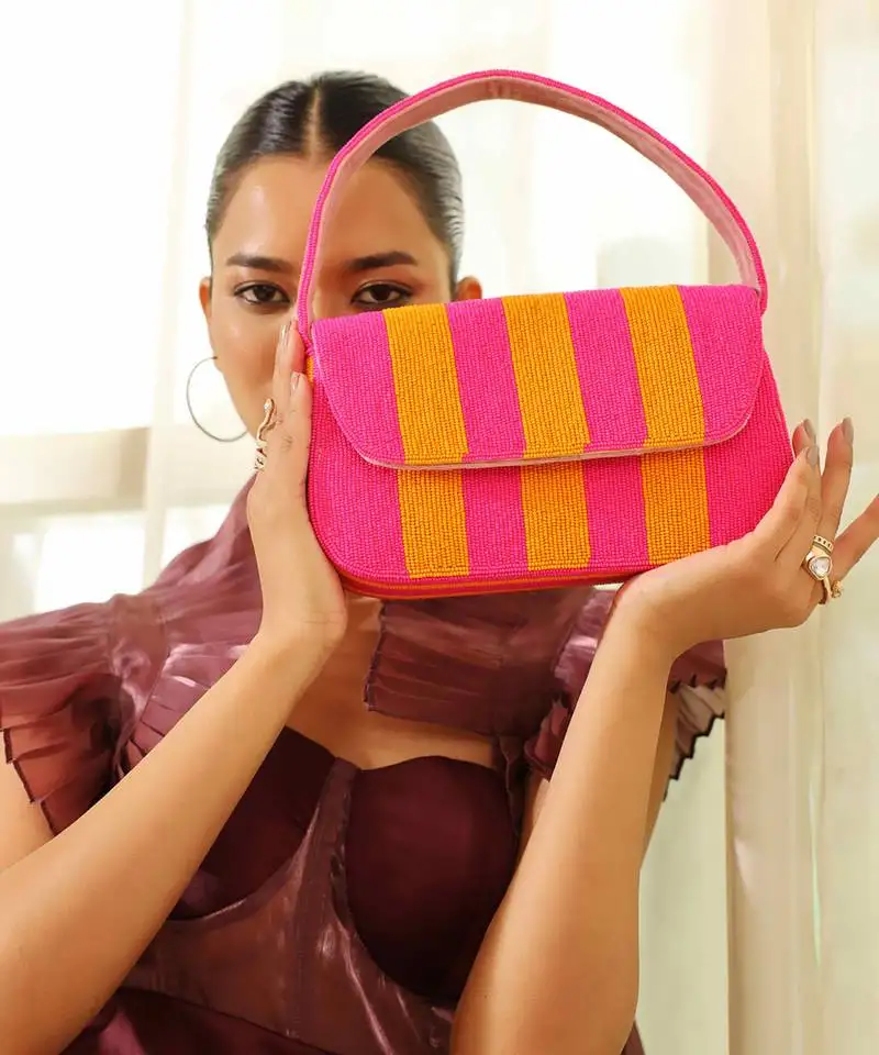 Orange pink stripe suede baguette bag with handle